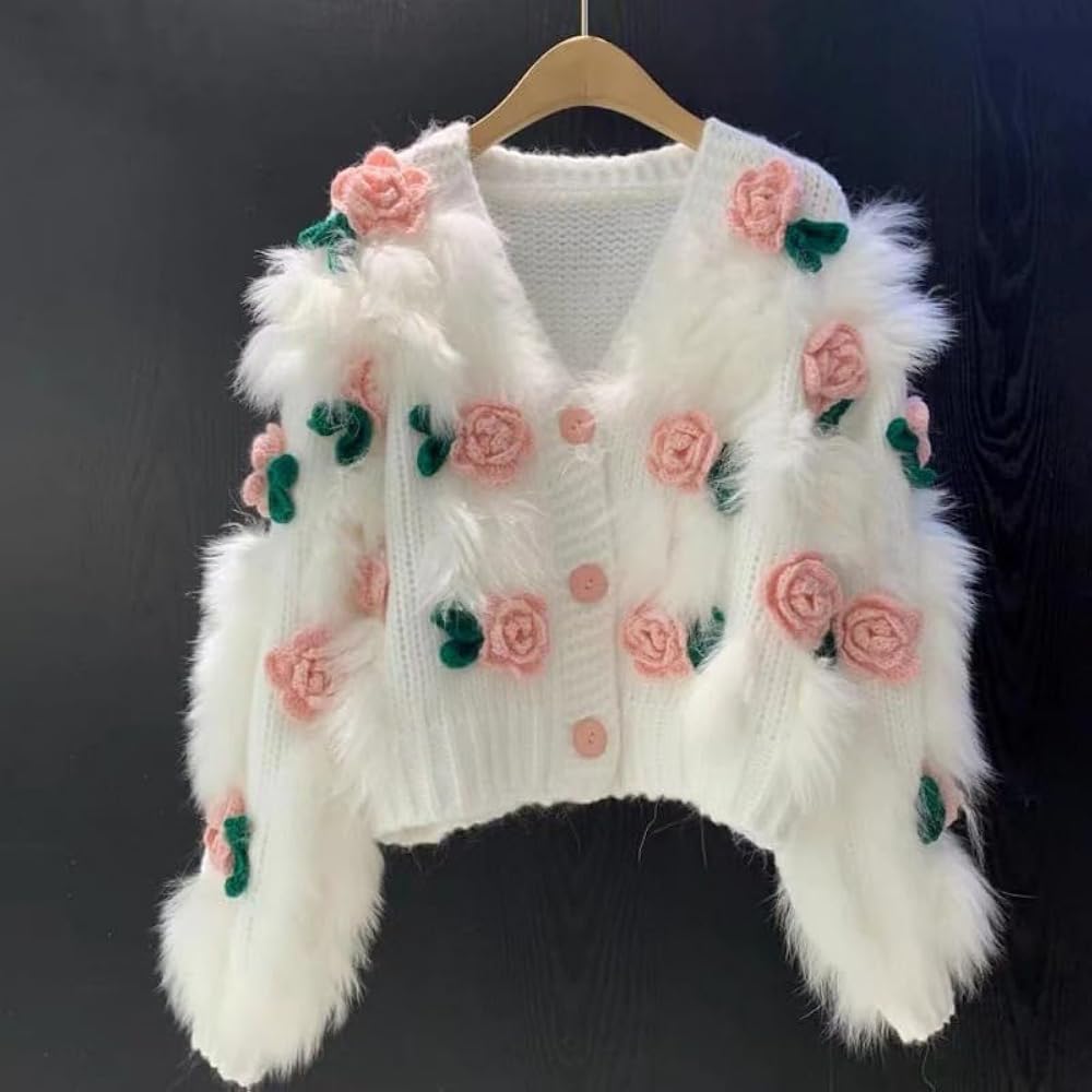 Women's 3D Flowers Embroidered Sweater V-Neck Button Down